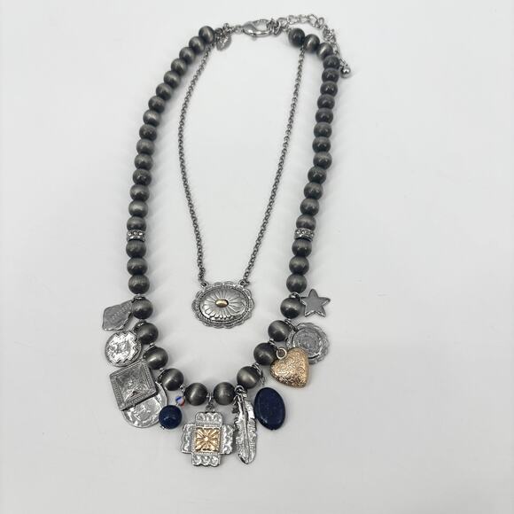 Chico’s Double Layer Beaded Charm Necklace 24" – Boho Mixed Metals Southwestern - Picture 2 of 6